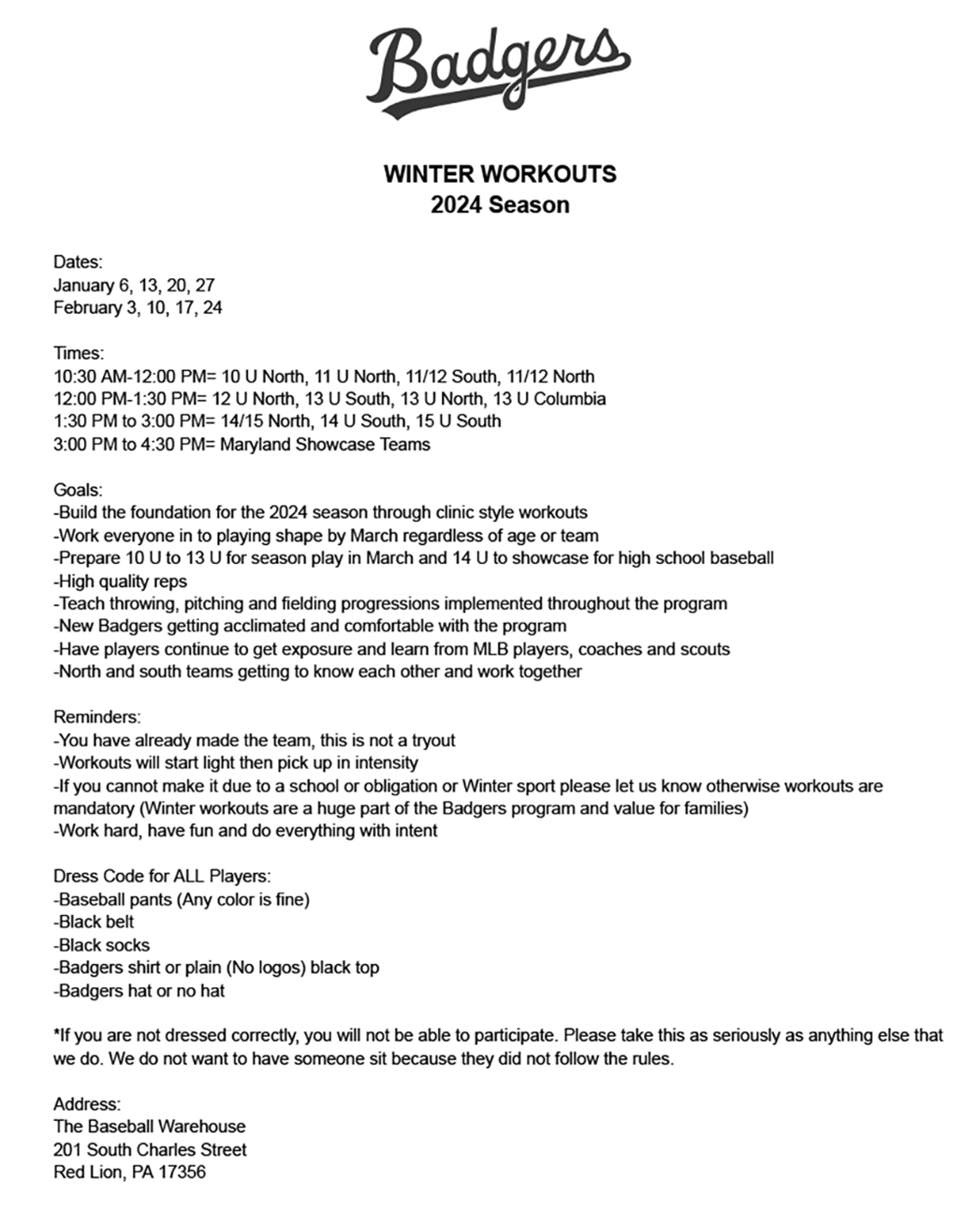 Badgers winter workout handout